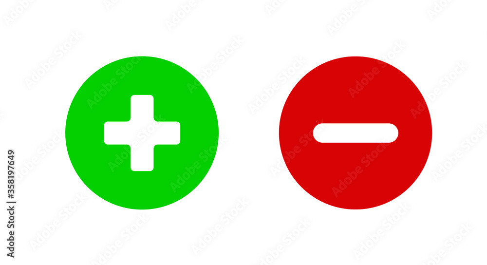 Plus and minus icon set. Vector illustration in flat simple design for mathmatics, calculation, pros and cons, rating concept Plus and minus icon set. Vector illustration in flat simple design for mathmatics, calculation, pros and cons, rating concept