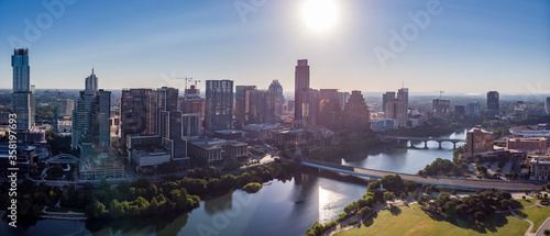 Panoramic View of Downtown Austin Skyline and Lady Bird Lake