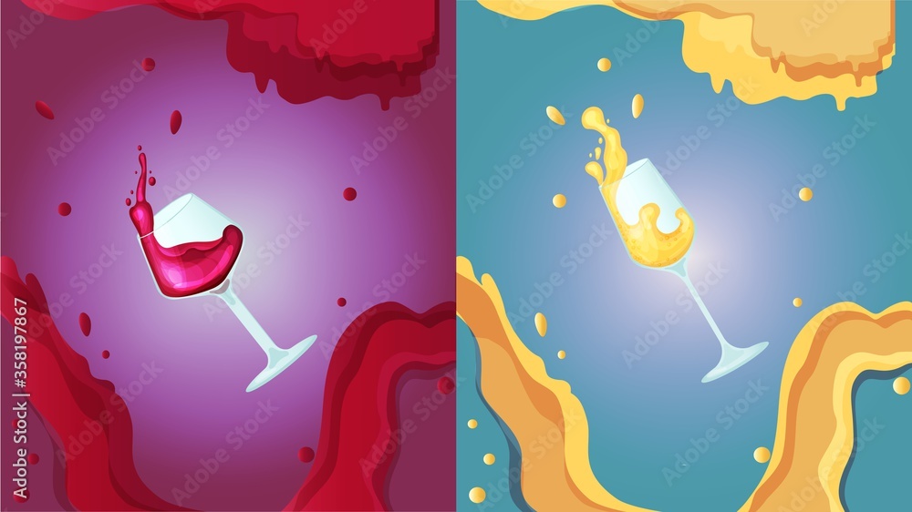 Wine concept glass, alcohol stuff drink luxury material poster flat vector illustration. Bottle wineglass red and white booze alcoholic beverages. Web banner flyer, refreshing liquor.