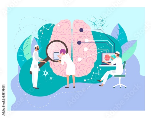 Tiny character doctor male hold magnifying glass research human brain flat vector illustration. Biology therapeutic scientist man sitting computer, scientific development medical modern technology.