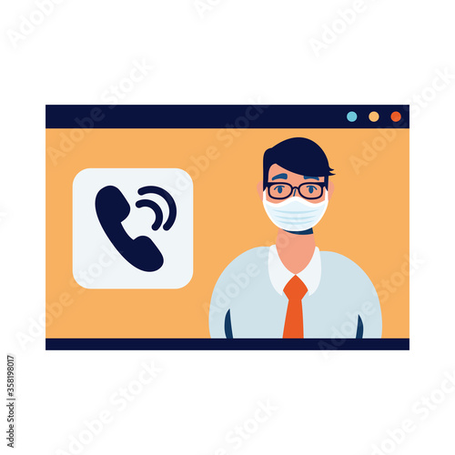 Man avatar with mask on website in video chat vector design