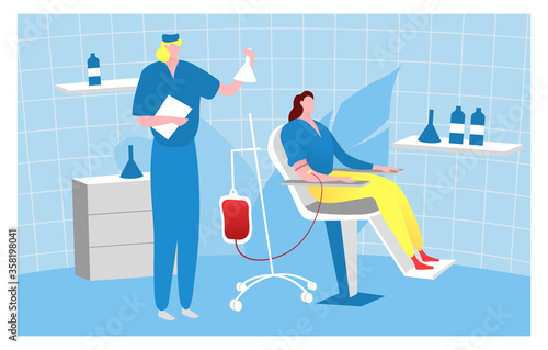 Bloodstream donor people, character doctor male take blood female patient flat vector illustration. Design medical examination room. Hospital chairs therapeutic gratuitous healer, study body fluid.