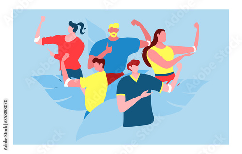 Group people volunteers male female bloodstream donor, modern charitable activity flat vector illustration. Propaganda blood donation, isolated on blue. Design human activist show thumb up.