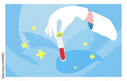 Male hand white glove hold therapeutic flask blood, medical arm professional doctor, bloodstream concept leaf background cartoon vector illustration. Design propaganda blood donation.