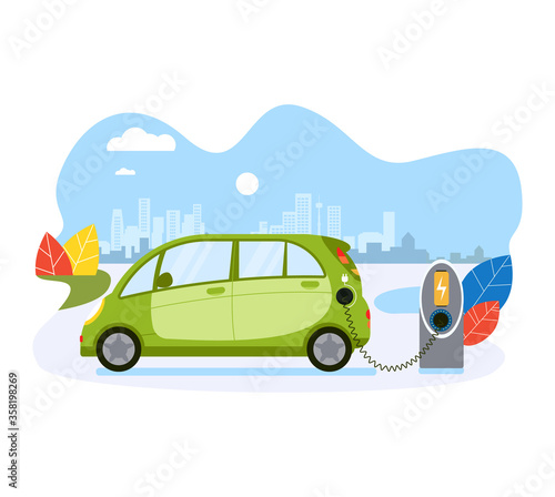 Electric car charge battery, public ecology friendly electric vehicle recharger isolated on white, flat vector illustration. Concept eco city of future, urban preservation environment.