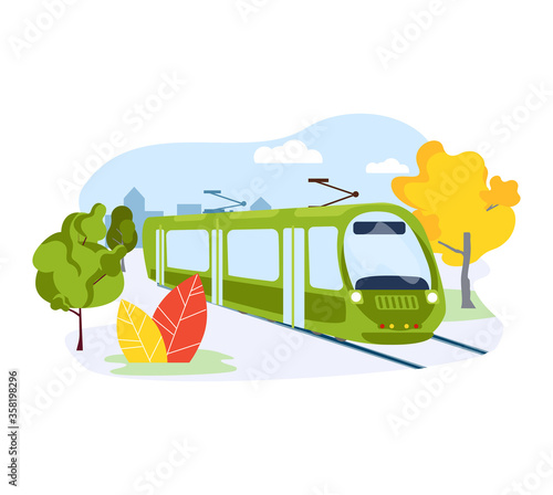Electric subway train, urban public transport system isolated on white, flat vector illustration. Ecology care nature metro vehicle, city preservation environment. Concept tram average movement.