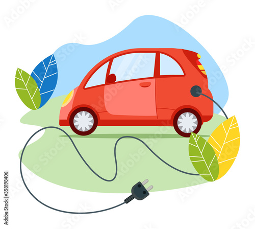 Ecology friendly electric car modern transport vehicle, red passenger auto with cable plug isolated on white, flat vector illustration. Eco grass field no air pollution concept environment protection.