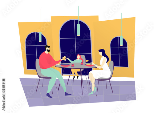 Young family dinner restaurant, character father mother and daughter sitting cozy cafe isolated on white, flat vector illustration. People spend luncheon time together, design inn place.