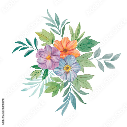 Watercolor bouquet of flowers and leaves for design. Painted flowers for invitations, cards and print. © Sergei