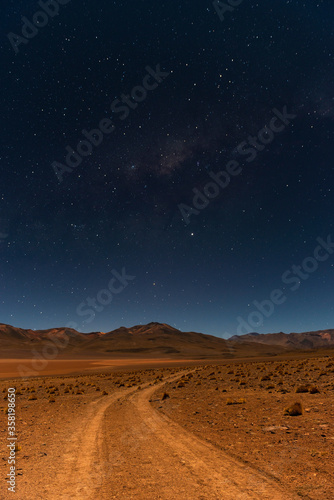 Vertical landscape at night of the North Lipez desert in the Andes mountains with the milky way galaxy near the Uyuni Salt Flat Desert, Bolivia.