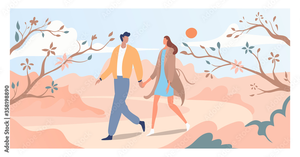 Lovely couple walk springtime bloom tree and flower, lover male female stroll spring period garden flat vector illustration. Person resting national park, man woman hold hand romantic date. - obrazy, fototapety, plakaty 