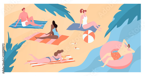 Modern character people travel hot country seashore, male female sunbathers sand beach flat vector illustration. Man lay rubber ring ocean, tropical vacation place. Peacefully rest area.