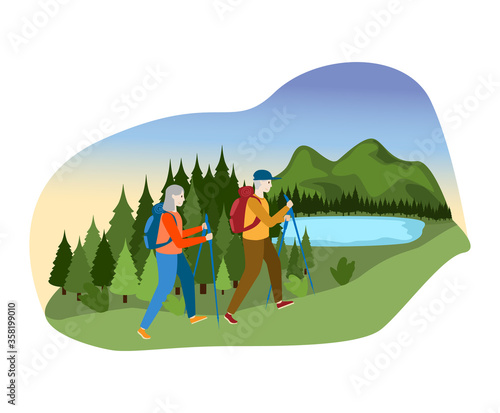 Lovely couple male female together camp outdoor mountain hill, person character walk forest river isolated on white, flat vector illustration. People stroll hold hand hiking stick, eco clean place.