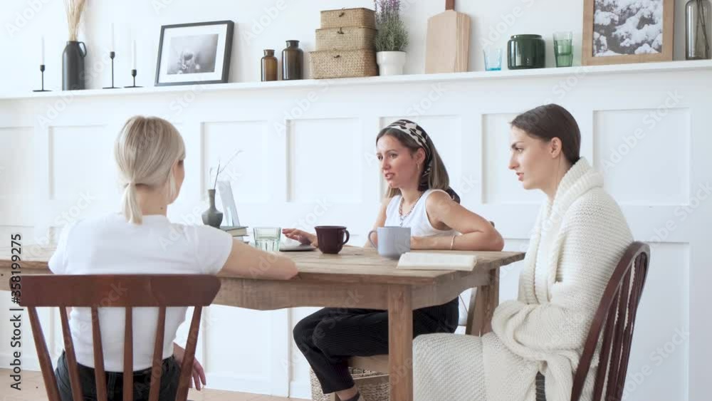 Happy young girls relax sitting on desk search and do job in internet. Happy young girls relax sitting on desk search and do job in internet.