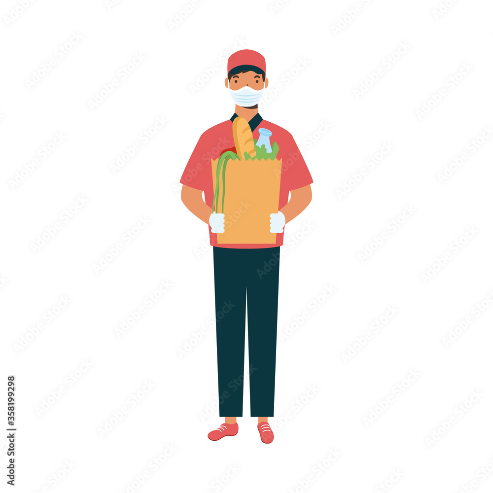 delivery man with mask and shopping bag vector design