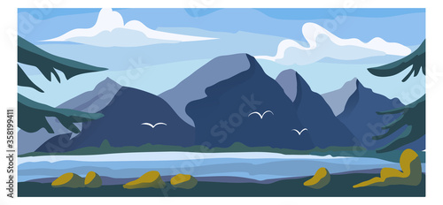 High mountain view landscape, alpine natural garden with fresh water lake background environment banner cartoon vector illustration. Outdoor forest and river place, intact nature national park.