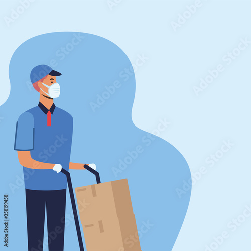 Delivery man with mask and boxes on cart vector design