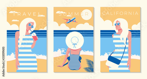 set of travel posters. Young woman on the beach. Vector illustration
