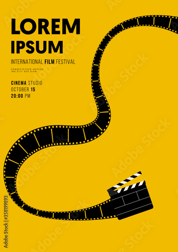 Movie and film poster design template background with clapperboard and filmstrip