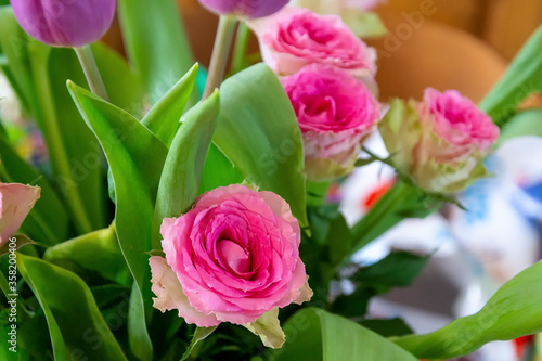 photo d un bouquet de fleurs compos   de rose fuchsia avec leur feuillage vert