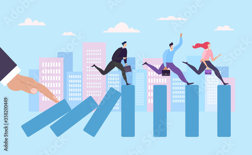 Business finance crisis, hold push domino effect business people running flat vector illustration. Concept industry company banner, character male female affected global cash meltdown.