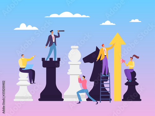Business strategy chess concept vector illustration. Ability to work in team depends on clear and competent distribution roles, coordinator, controller, performer. Leader explain rules game group.