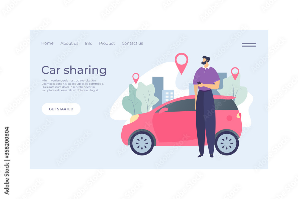 Car sharing service landing concept web banner flat vector illustration. Character male urban rent vehicle, point gps sign. Man hold mobile phone company button home, info and contact.