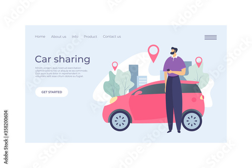 Car sharing service landing concept web banner flat vector illustration. Character male urban rent vehicle, point gps sign. Man hold mobile phone company button home, info and contact.
