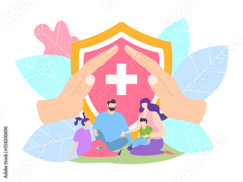 Family health insurance with clinic, life protection concept vector illustration. Parent and children protected by hospital in unforeseen situation. Care for all family members health.
