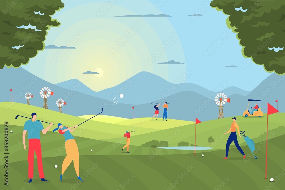 Golf play people vector illustration. Participants spend leisure time doing sport on playing field. Girl hit ball with club. Player character move bag equipment and ride cartoon car.