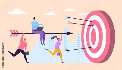 Business teamwork boss control running character staff hold arrow cartoon vector illustration. Goal achievement finance concept company collaboration purpose target, city urban background.