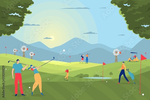 Golf play people vector illustration. Participants spend leisure time doing sport on playing field. Girl hit ball with club. Player character move bag equipment and ride cartoon car.