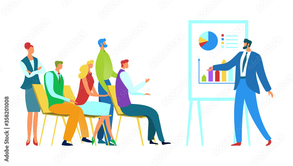 Meeting business training concept vector illustration. Group people receive vocational education. Speaker gives lecture for team successful employees. oach uses schedule and plan.