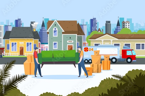 Relocation service delivery, vector illustration. Home estate transportation, people move house furniture to flat truck. Worker character near cartoon cardboard box, shipping package things.