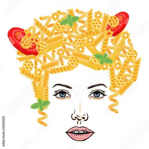 Pasta hairstyle, spaghetti girl at white background, vector illustration. Food on woman character head, yellow pasta with greens and tomato. Bright waves hair from restaurant meal, italian food.