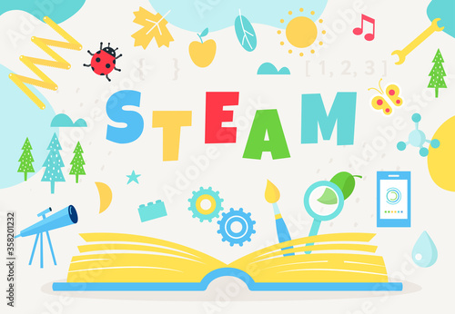 Open Book and STEAM sign. Science, Technology, Engineering, Art and Math Education Approach. Vector Design