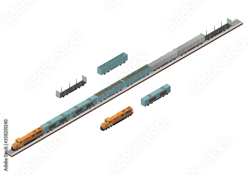 Vector Isometric of train tracks and cargo train.
