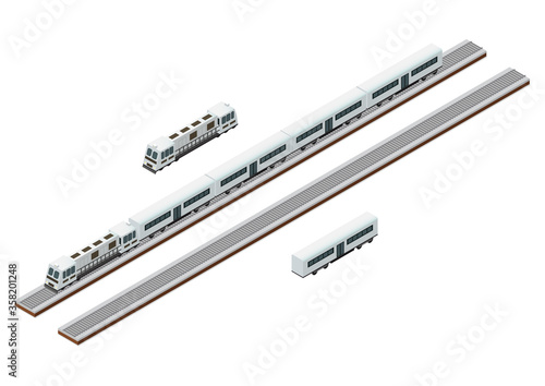 Vector Isometric train tracks and passenger train.