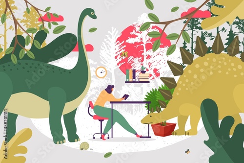 Reading book about nature wildlife, girl imagine vector illustration. Young woman character sitting at table, dinosaur reptiles around. Art leisure, studying creature indoor, stylish cartoon dragon.