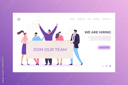 Staff recruitment business agency landing headhunter concept, character male female company team flat vector illustration. Hiring web site button home, info and contact join our group.