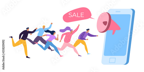 Sale at smartphone, people character running vector illustration. Web marketing, cartoon customer consumer run to phone store. Shop business commerce at internet, digital announcement.