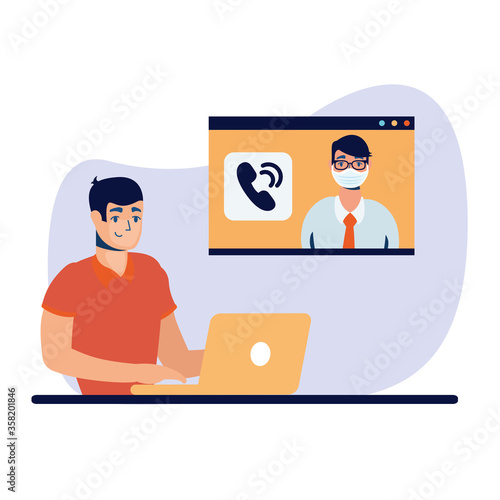 Man with laptop and video chat vector design
