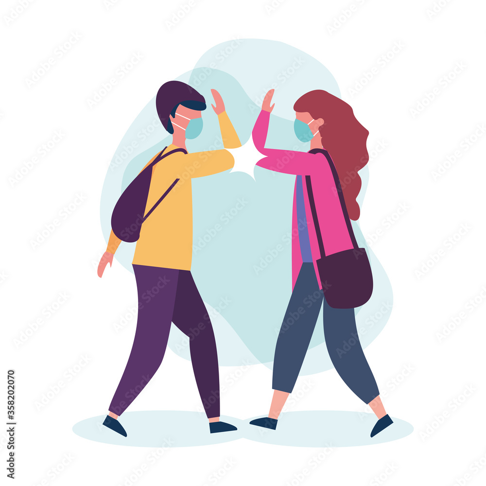 school boy and girl with medical mask and elbow salute vector design school boy and girl with medical mask and elbow salute vector design