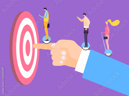 Male businessman hand hold people hipster character woman man on self balancing scooter ride target flat vector illustration. Concept start up industry company, boss direct work team.