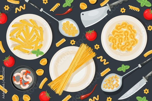 Italian pasta foodstuff, professional food preparation household utensils pattern flat vector illustration. Concept meal knife cuisine cleaver and serving spoon, farinaceous eatables.