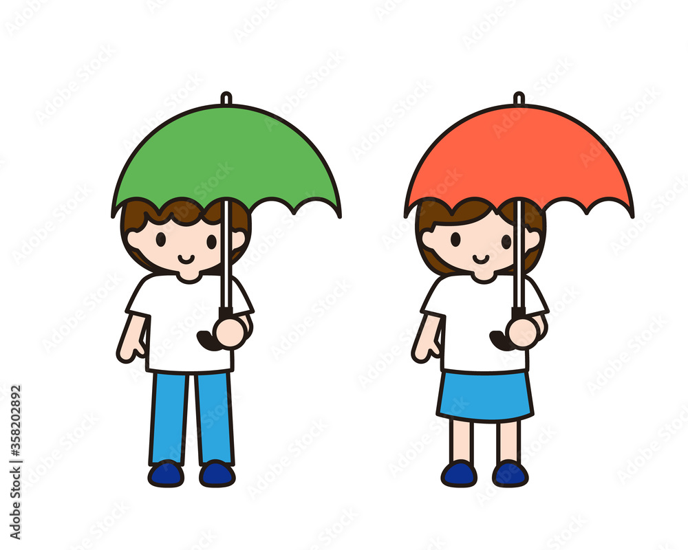 傘をさして並ぶ男の子と女の子 傘をさして並ぶ男の子と女の子