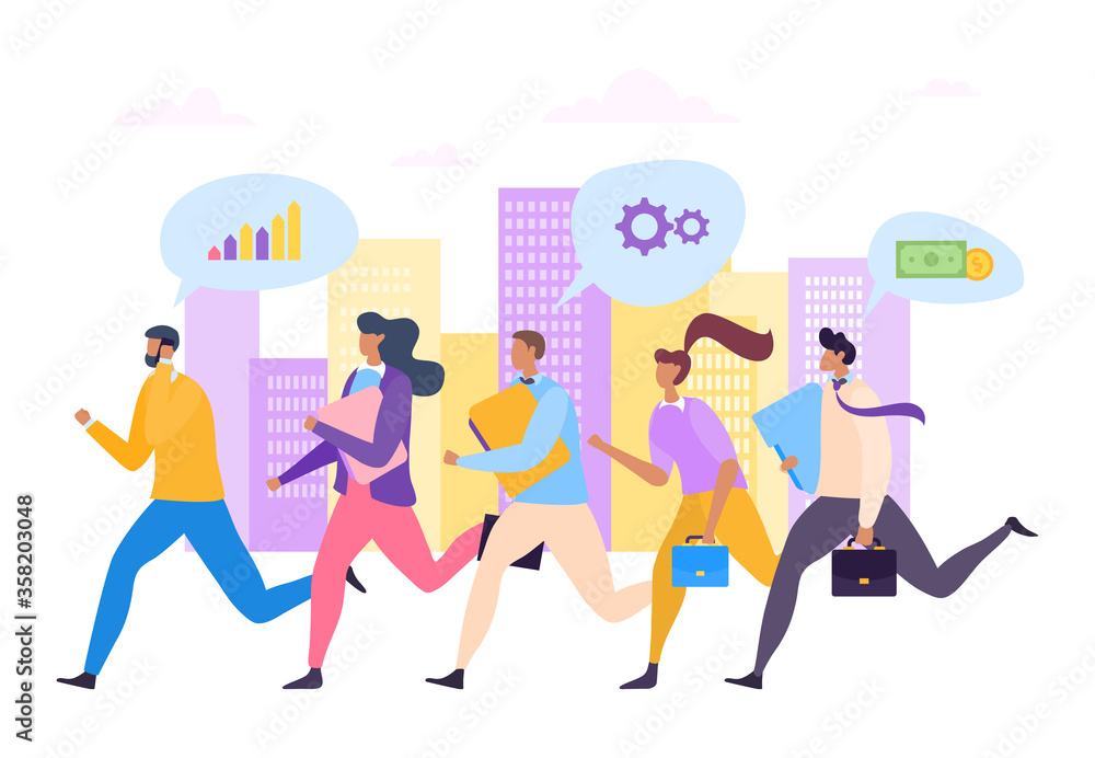 Businessmen running success leadership teamwork vector illustration. Professionals build career demonstrating competency. People seek toward their goal, pondering prosperity solution task.