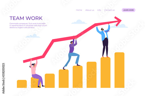 Business team work landing vector illustration. Group people achieve common goal, generate successful ideas, collaborate together to seek high results. Employee keep graph going up.