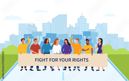 Fight for Your Rights demonstration or picket with a line of diverse people or protesters holding up a long banner with text in front of a cityscape, colored vector illustration