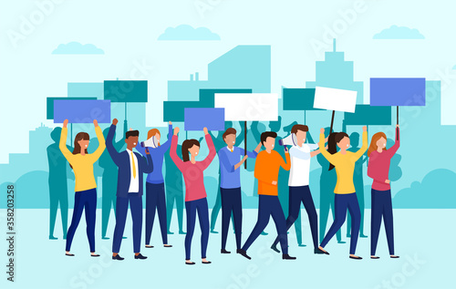 Large group of diverse people demonstrating with placards and signs during a protest in outdoors in a city, colored vector illustration
